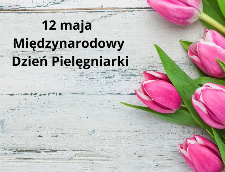 Bukiet różowych tulipanów na białym, drewnianym tle z napisem '12 maja Międzynarodowy Dzień Pielęgniarki'
